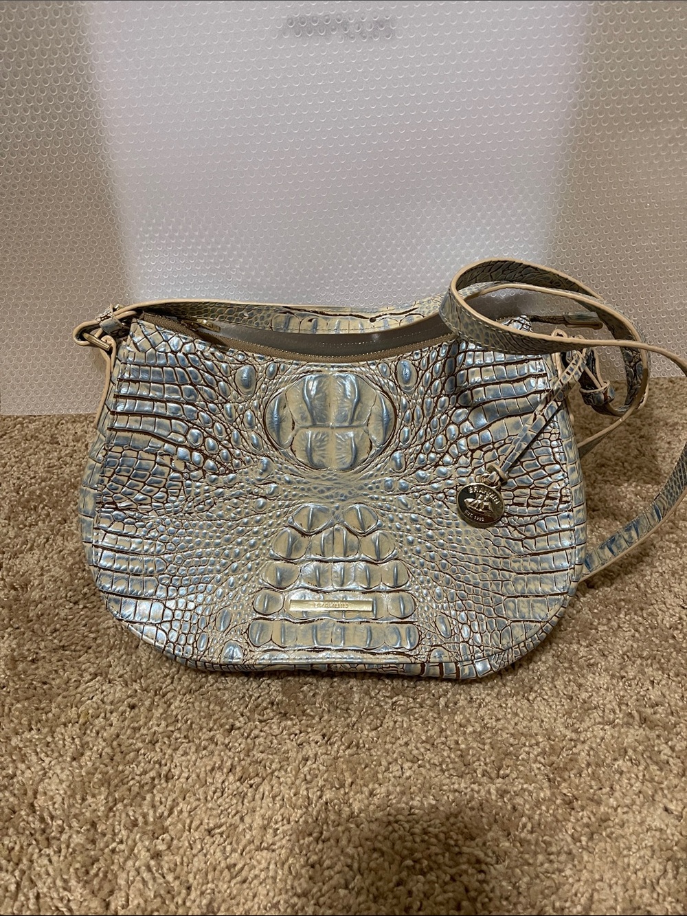 Brahmin Iridescent Croc-Embossed Shoulder Bag in Silver-Taupe